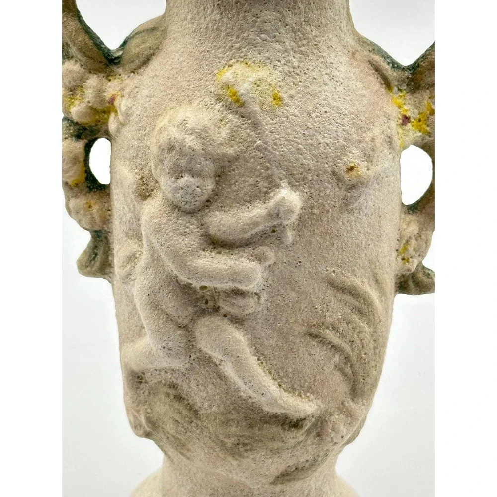 Vintage MAM Hand Signed Cherub Sand Textured Pottery Vase Cream Green 6in